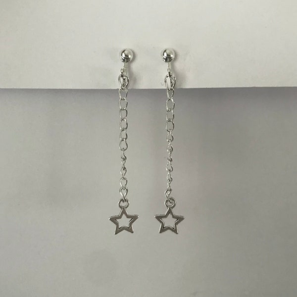 Clip On Dangle Star Earrings, Non Pierced Ears, Starry Earrings, Silver Star Earrings, Clip On Earrings Kids, Handmade, Stocking Filler, UK