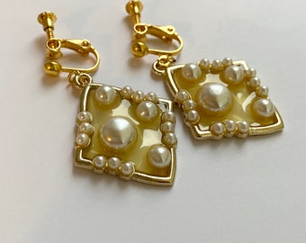 Clip On Pearl Resin Pendant Earrings, Non Pierced Ears, Sensitive, Gold Plated, Clip On Earrings, Statement, Dangle, UK