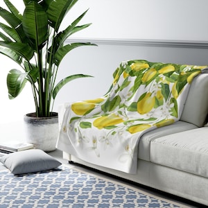Lemon Flower Sherpa Fleece Blanket, Citrus Blanket, Citrus Design, Lemons Lover, Christmas Gift, Birthday Gift, Lemon Flowers