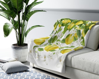 Lemon Flower Sherpa Fleece Blanket, Citrus Blanket, Citrus Design, Lemons Lover, Christmas Gift, Birthday Gift, Lemon Flowers