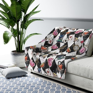 Alice in Wonderland Black and White tiles Sherpa Fleece Blanket, Blanket, Gifts