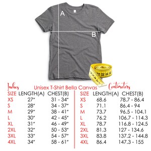 May include: A size chart for unisex t-shirts from Bella Canvas. The chart shows the size, length, and chest measurements in inches and centimeters.