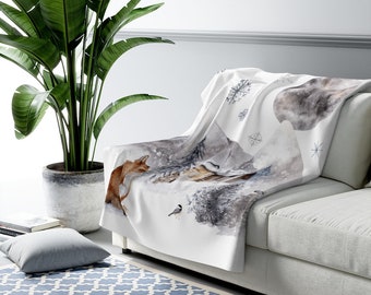 Winter Fox Illustration Sherpa Fleece Blanket, Cozy Plush Throw