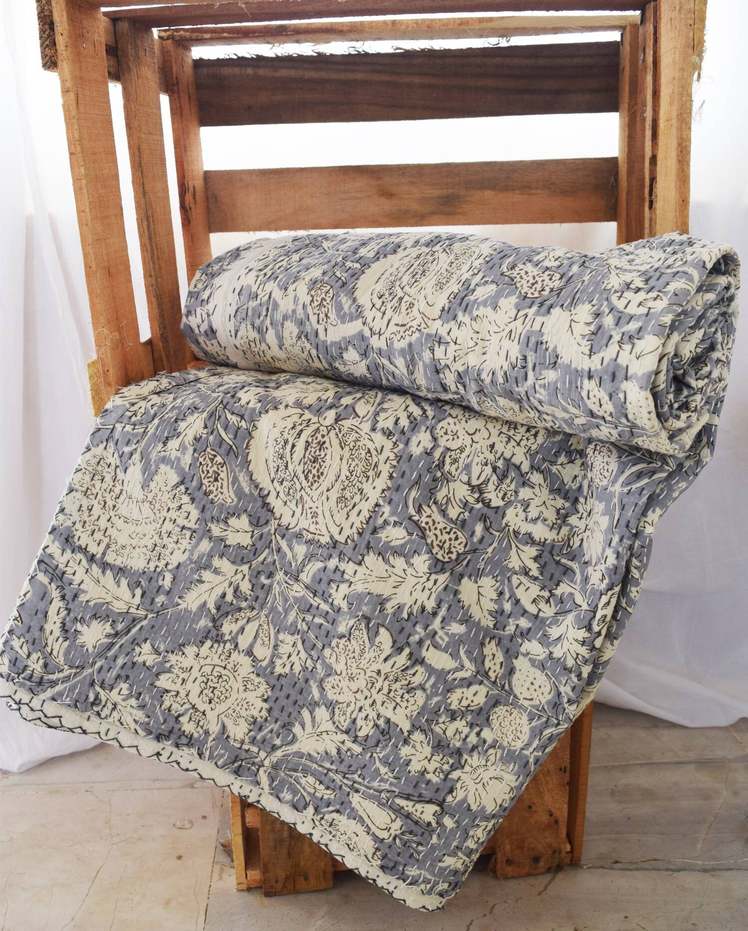 Printed Kantha Quilt King Size Bed sheet Indian Bed cover Etsy