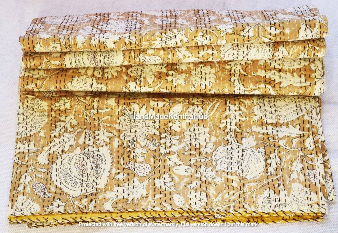 Printed Kantha Quilt King Size Bedsheet Indian Bedcover Quilt Etsy
