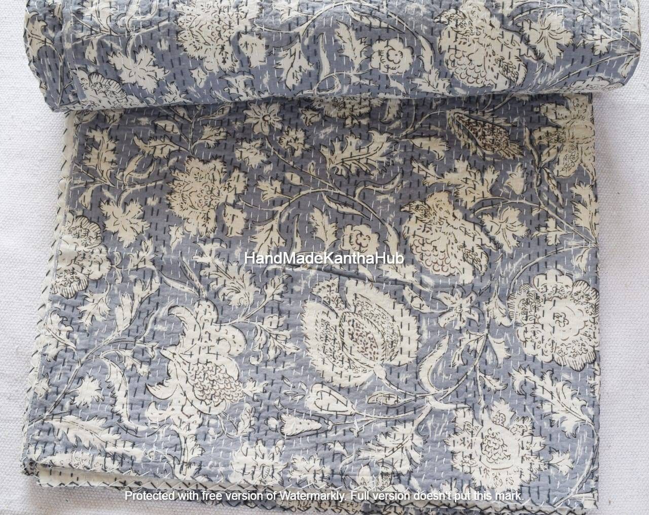 Printed Kantha Quilt King Size Bedsheet Indian Bedcover Quilt Etsy