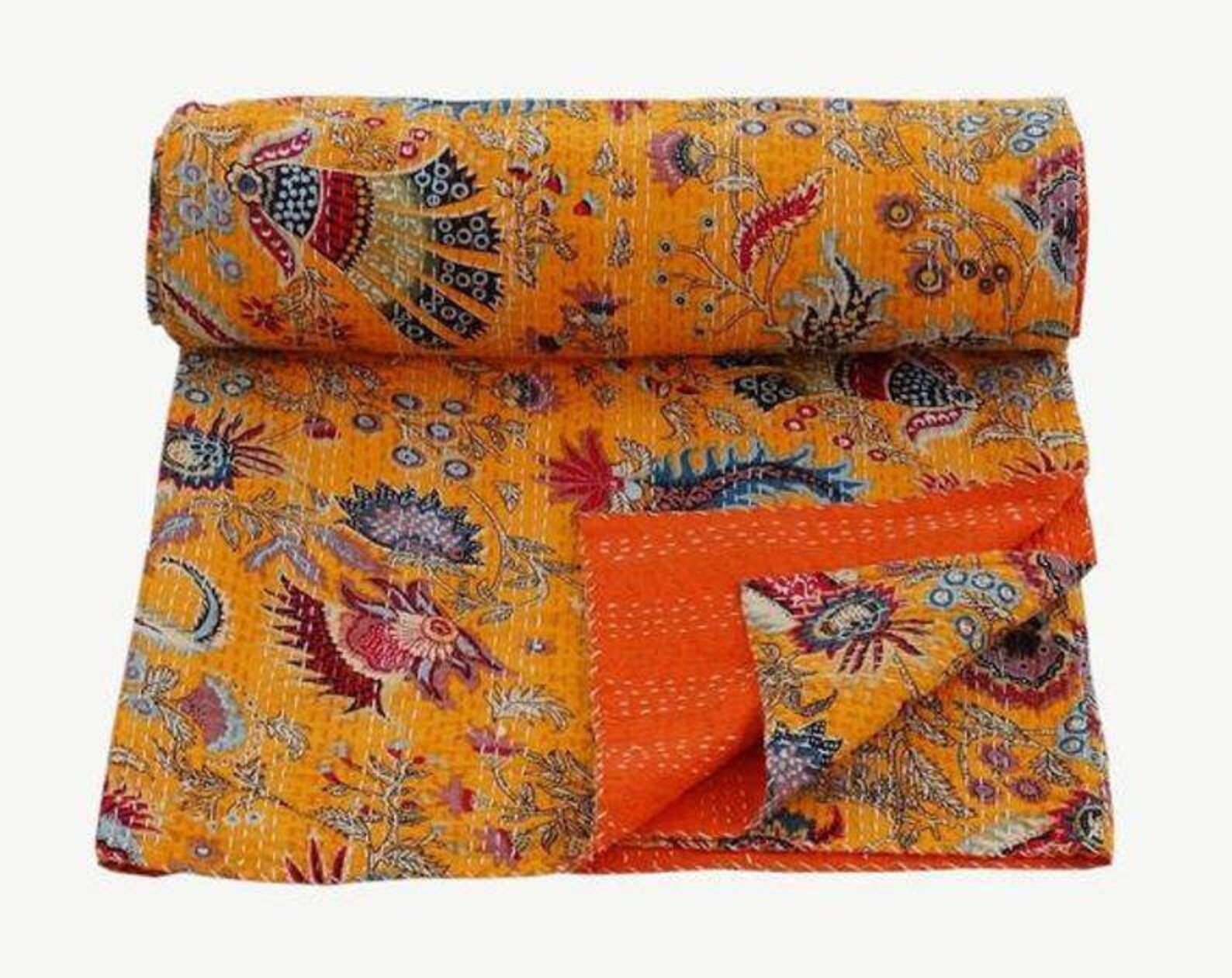 Kantha Quilt Floral Kantha Bedding Orange Kantha Bed Cover Etsy UK