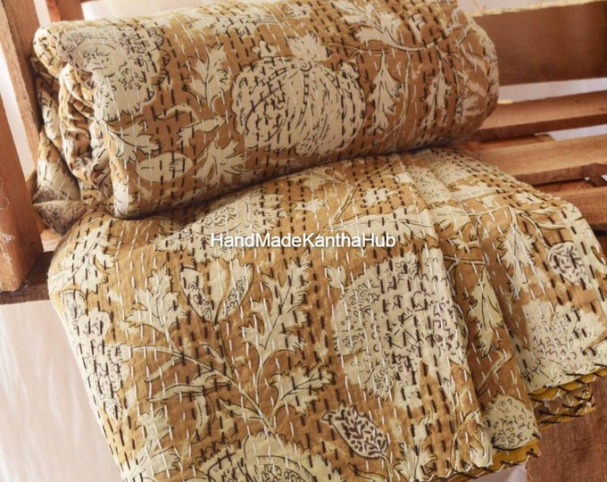 Printed Kantha Quilt King Size Bedsheet Indian Bedcover Quilt Etsy