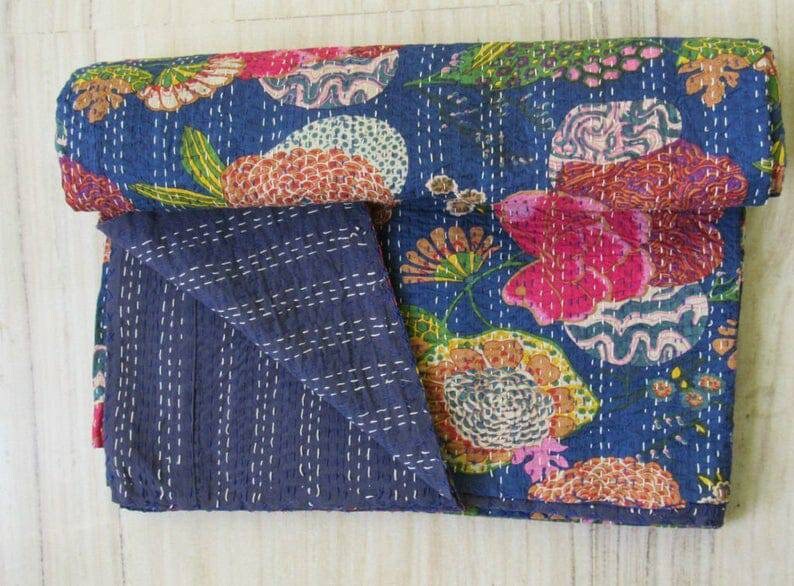 Navy Blue Kantha Quilt Extra Large Kantha Throw Indian Cotton Etsy