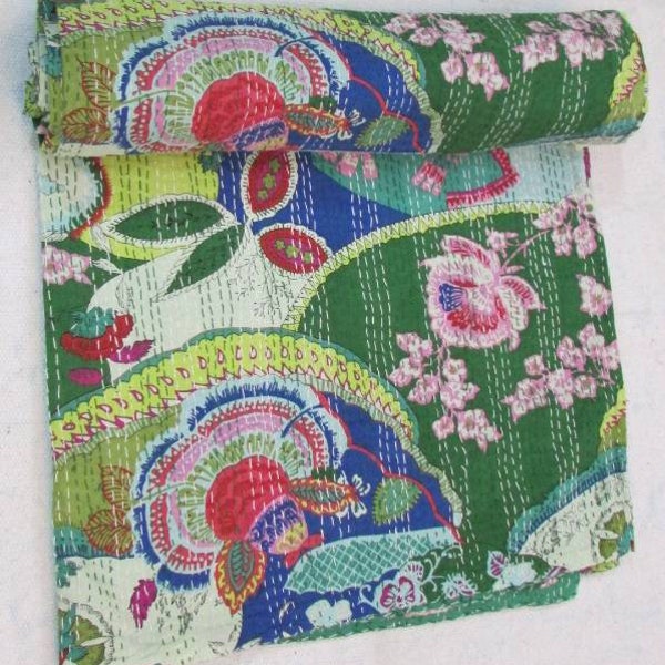 Green Reversible Handmade Bedspread Kantha Bedding Cotton Bedspread Quilt Kantha Throw Indian Hand Printed Blanket Kantha Coverlet king