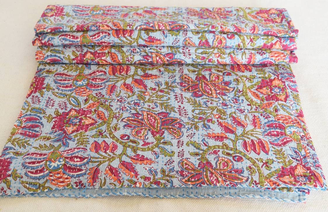 Vintage Kantha Quilt Handblock Quilt Indian Handmade Quilts | Etsy