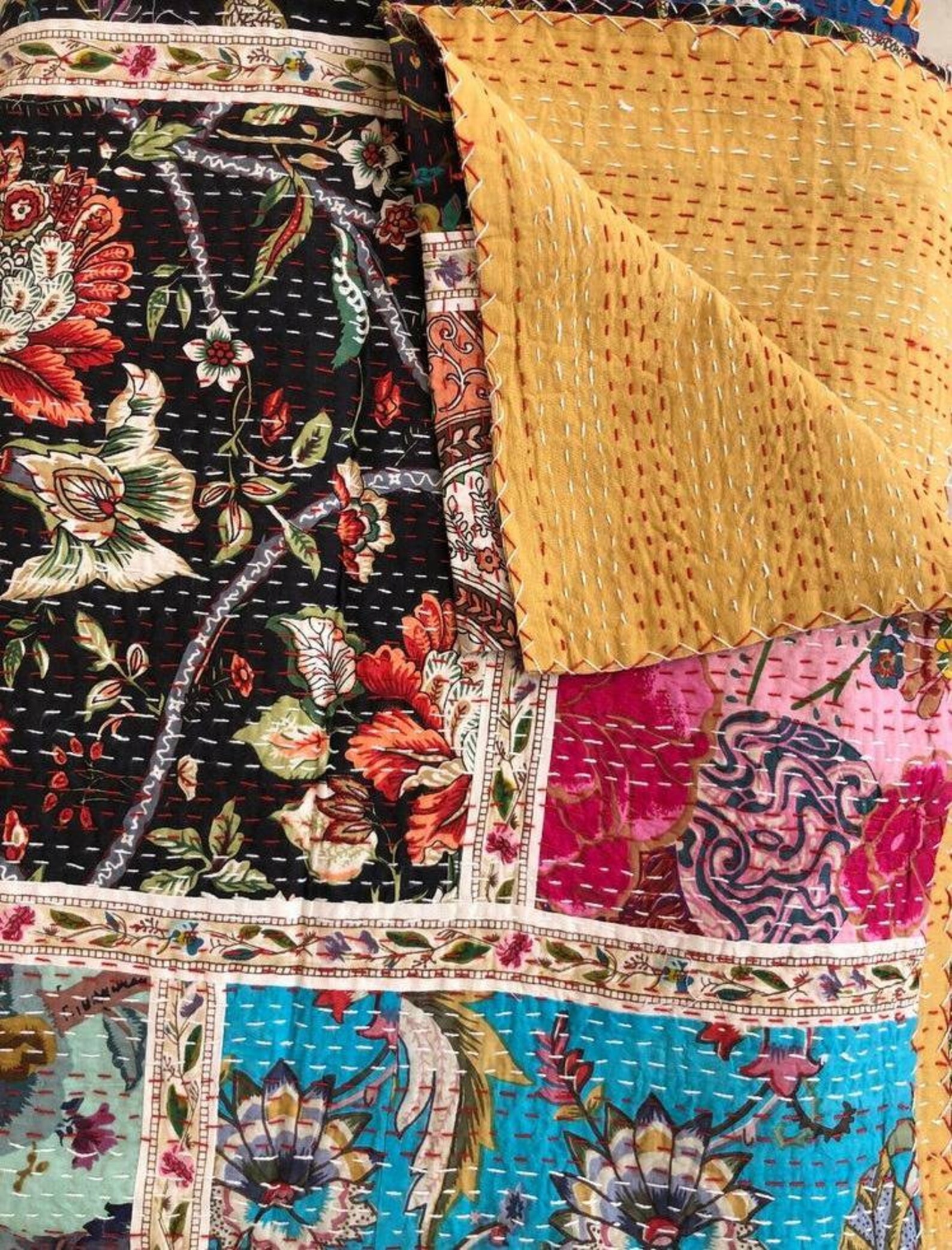 Indian Patchwork Cotton Kantha Quilt Throw Blanket Gudari Etsy