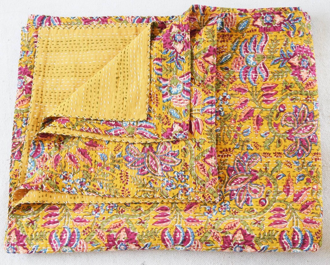 Reversible Floral Indian Cotton Bedding Blanket Throw Hand Etsy