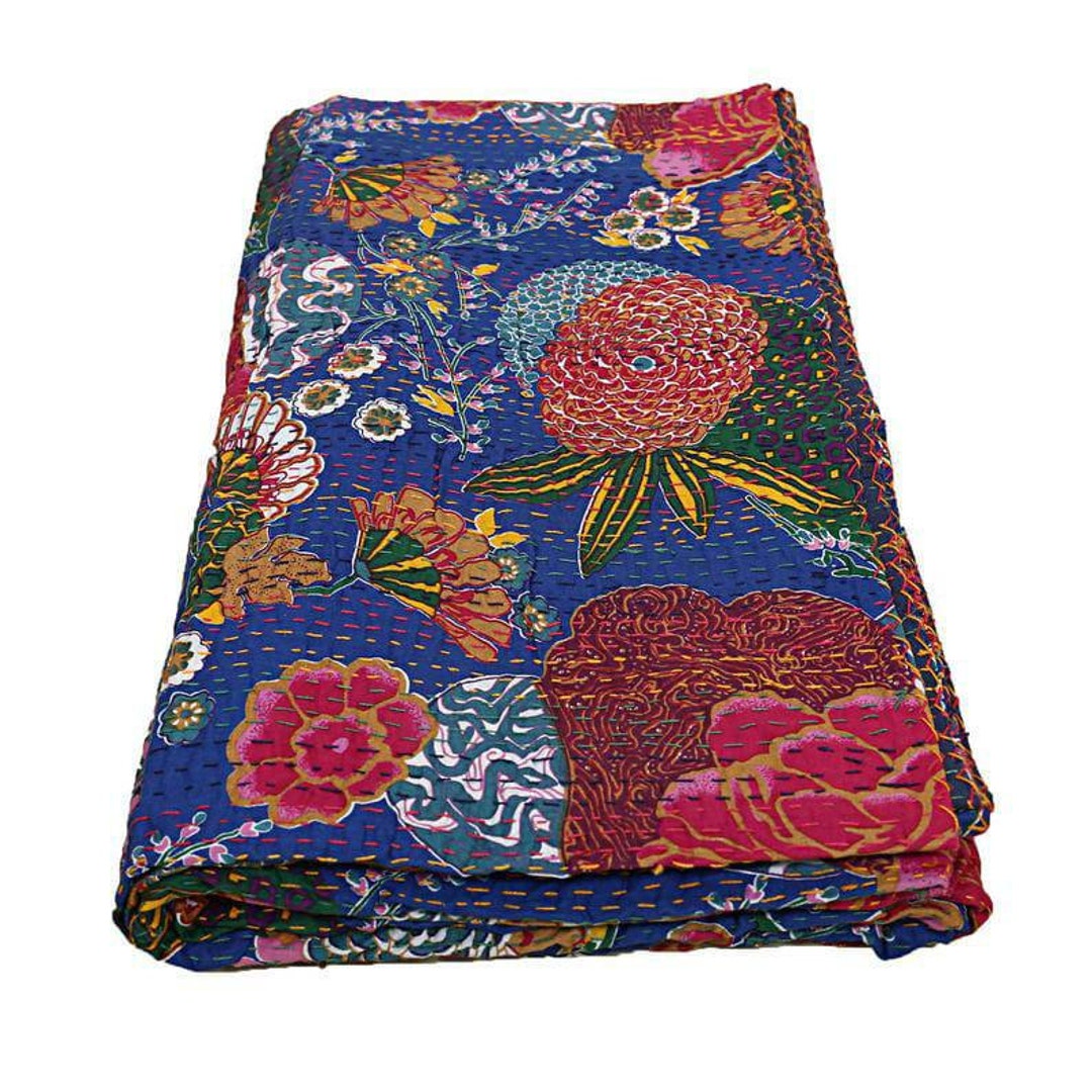 Navy Blue Kantha Quilt Extra Large Kantha Throw Indian Cotton Etsy