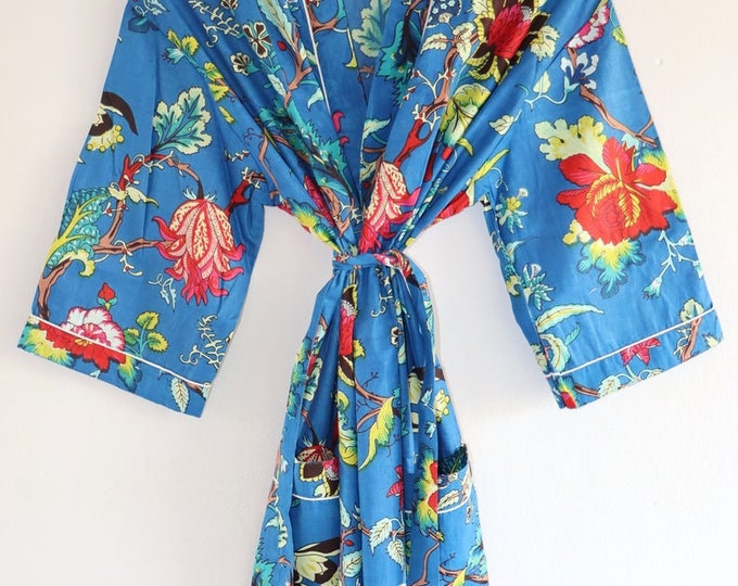 Blue Kimono Robe Ladies Dressing Gown Hand Printed 100 Light Breathable Cotton Yukata Bathrobe