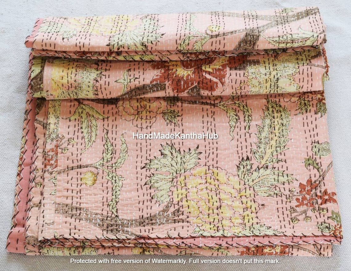California King Size Kantha Indian Floral Print Kantha Etsy