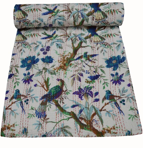 Indian Handmade Floral Bird Print Blanket Quilt Quilting Etsy