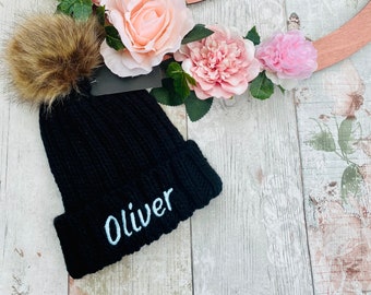 Personalized Baby Beanie: Chunky Knit Pom Pom Hat, Embroidered Name