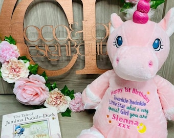 Pink Unicorn Cubbies Plush Animal Keepsake Birth, Christening, Birthday in Pink Unicorn Teddy Bear, Present