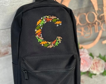 Embroidered Personalised Dino Initial Design Rucksack Backpack Children's Dinosaur Bag letter