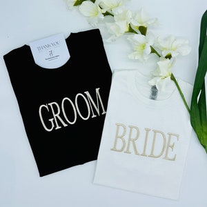 Personalised Bride & Groom T Shirt | Embroidered | Stag Do Top | Hen Night T Shirt | Black | White | Champagne | Wedding