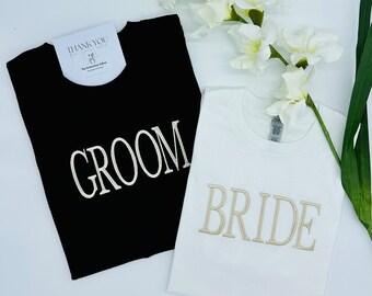 Personalised Bride & Groom T Shirt | Embroidered | Stag Do Top | Hen Night T Shirt | Black | White | Champagne | Wedding