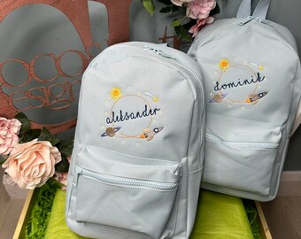 Embroidered Personalised Space Name Design Rucksack Backpack Children's Rocket Bag stars