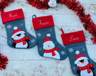 Personalised Embroidered Deluxe Plush Grey Christmas Stocking, Santa, Snowman, Penguin Luxury Stocking