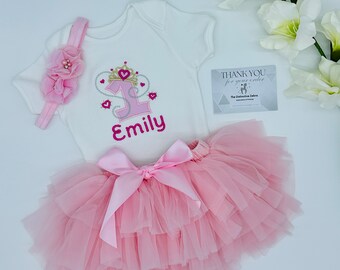 Personalized Baby Girl First Birthday Outfit: Tutu Skirt, Embroidered Vest & Headband