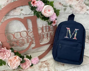 Embroidered Personalised Floral Initial Design Rucksack Backpack Children's Adults Teens Bag Flower Letter