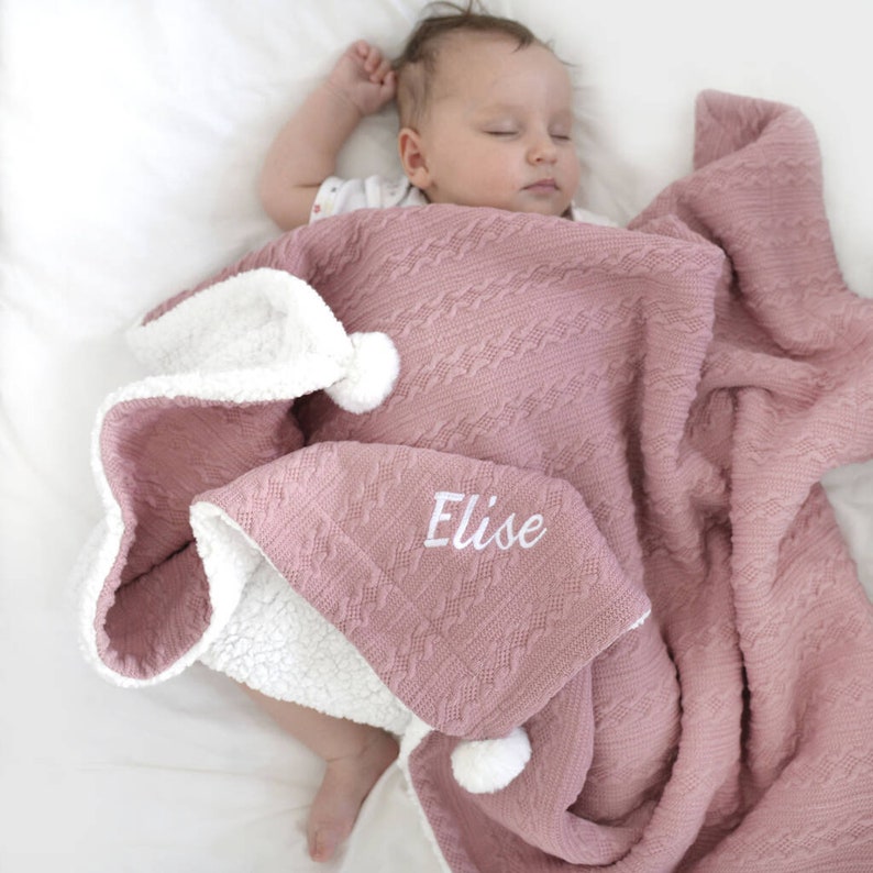Embroidered Cable Knit Pom Pom Blanket Personalised baby blanket Boys/Girls Baby Gift keepsake baby shower new arrival present image 1