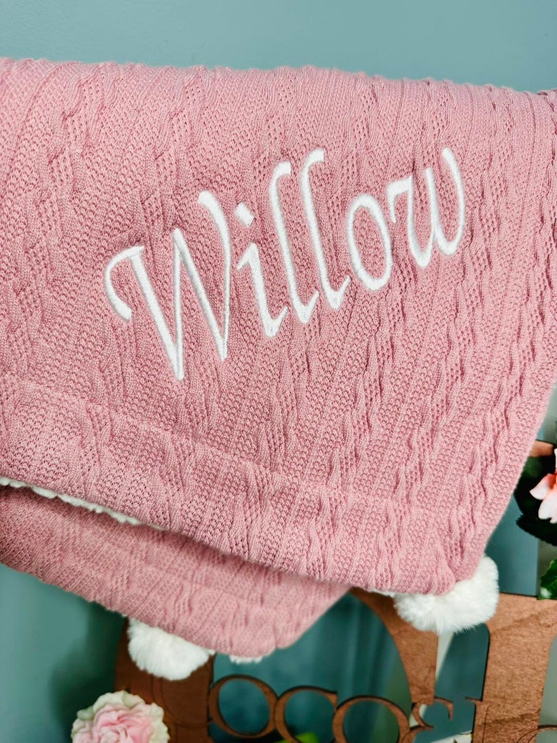 Embroidered Cable Knit Pom Pom Blanket Personalised baby blanket Boys/Girls Baby Gift keepsake baby shower new arrival present image 3