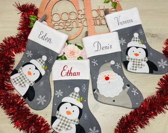 Personalised Embroidered Steel Grey and White Christmas Stocking Santa Snowman Reindeer Penguin