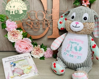 Personalised Boys Girls Bunny Rabbit, Cubby Teddy Bear, Cubbies gift, new baby, Embroidered Cubbies Baby Sensory Bunny - Shabby Chic