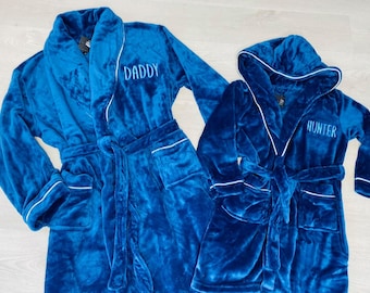 Embroidered Navy Fleece Robe Set: Matching Daddy & Child Gift