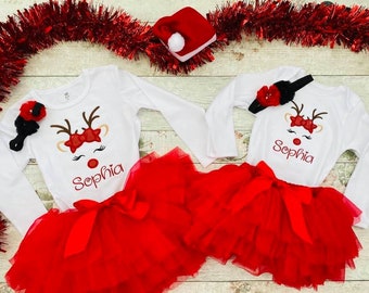 Christmas personalised embroidered top, tutu, outfit, reindeer red glitter, baby toddler gift clothing girl