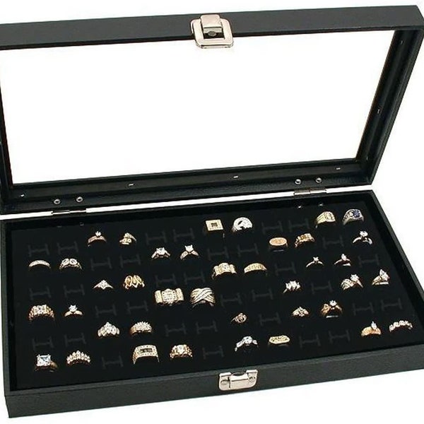 Glass Top Black Jewelry Display Case 72 Slot Compartment Ring Tray