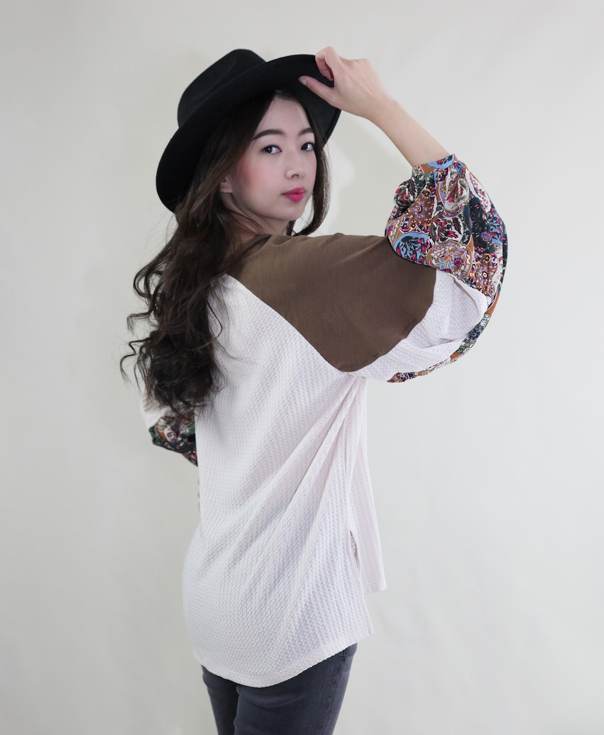 POL Waffle Knit Floral Notched Long Sleeve Top