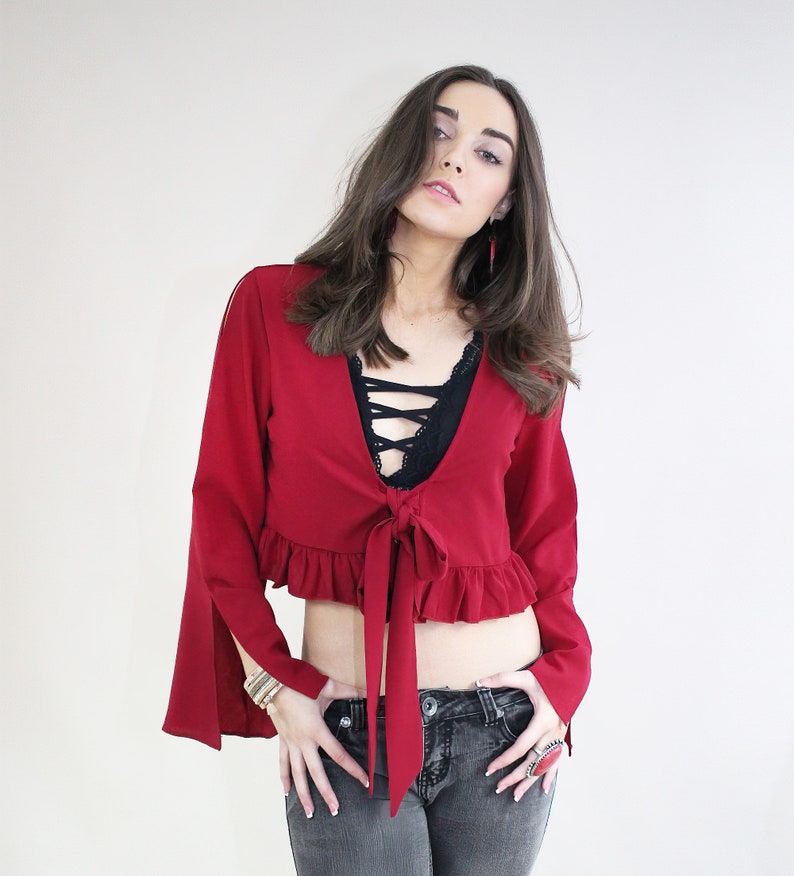 Chiffon Tie-front Crop Top-tie Front Top-women Crop Top-cut Out ...