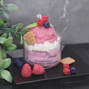 Strawberry Cheesecake Scent Candle - Ice Cream Embeds Candle - Soy Wax Blend Candle - Dessert Candle - Wedding Gift Candle - Home De