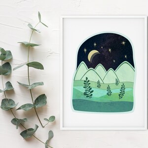 Mountain Landscape Print, Blue Mountain Wall Art, Moon and Mountain Print, Scandinavian Mountain Art, Mountain and Stars, Nursery Prints image 2