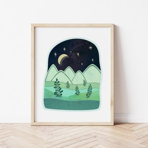 Mountain Landscape Print, Blue Mountain Wall Art, Moon and Mountain Print, Scandinavian Mountain Art, Mountain and Stars, Nursery Prints image 1