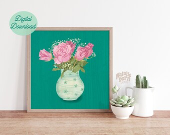 Pink Roses Wall Art, Colorful Flower Vase print, Fuchsia Floral Arrangement Drawing, Feminine Decor, Girls Room, Botanical Printable, 12x12