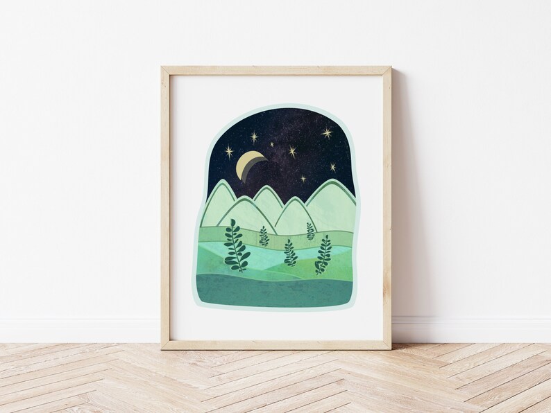 Mountain Landscape Print, Blue Mountain Wall Art, Moon and Mountain Print, Scandinavian Mountain Art, Mountain and Stars, Nursery Prints image 1