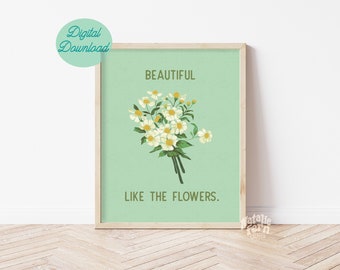 Vintage Wildflower Print, Mint Green Flower Poster, Cute Sayings Wall Art, Retro Bouquet Painting, Encouraging Quotes Printable, Beautiful