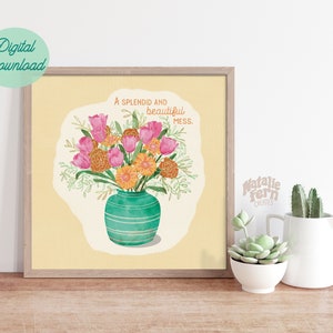 Arte de pared de jarrón de flores de colores, estampado de arreglo floral boho, hermoso letrero de cita de desorden, verde azulado y naranja, tonos terrosos, póster de arte lineal,