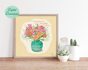 Colorful Flower Vase Wall Art, Boho Floral Arrangement Print, Beautiful Mess Quote Sign, Teal and Orange, Earthy Tones, Line Art Poster,