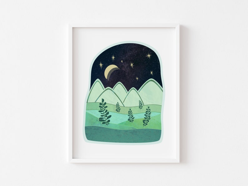 Mountain Landscape Print, Blue Mountain Wall Art, Moon and Mountain Print, Scandinavian Mountain Art, Mountain and Stars, Nursery Prints image 3