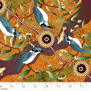 Kingfisher Camp by River, Yellow - Sold by HALF YARD - Australian Aboriginal quilting cotton, M & S Textiles