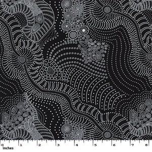 Dreamtime River Bed, Black - Sold by the HALF YARD - Australian Aboriginal quilting cotton, M & S
